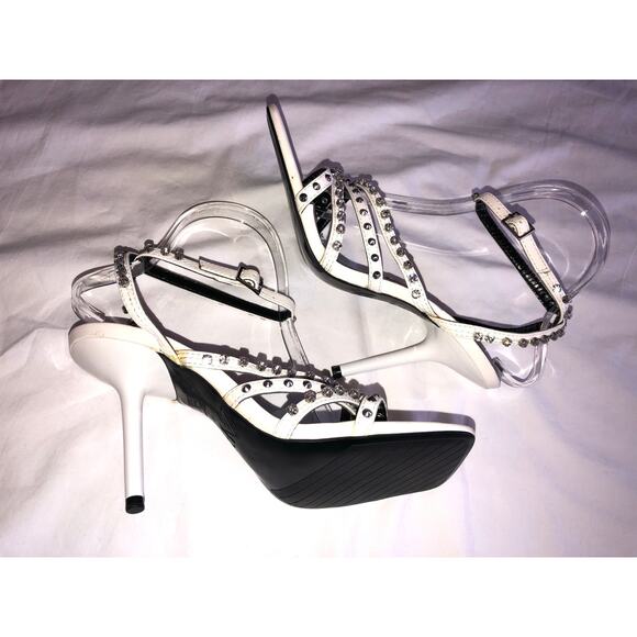 Zara Studded High Heel Sandals Size 38 White Silver Crystals Square Toe 7.5 US - Picture 4 of 8